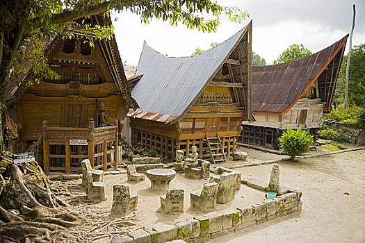 石头,椅子,桌子,传统建筑,湖,苏门答腊岛,印度尼西亚