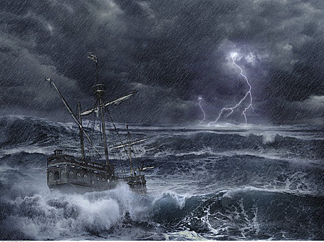 船,风暴,海洋,闪电