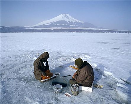 冰冻,湖,捕鱼者,富士山,本州,日本