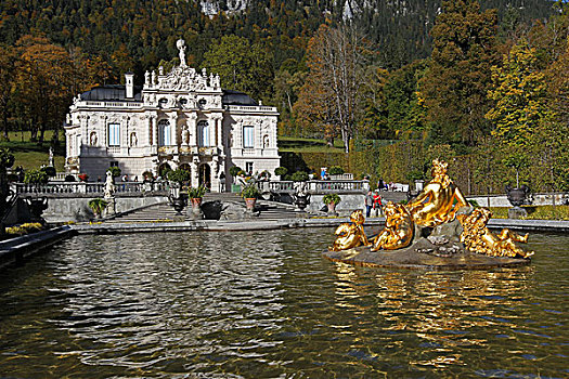 林德霍夫堡,宫殿,秋天,城堡,水,花坛,喷泉,上巴伐利亚,巴伐利亚,德国,欧洲