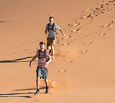 两个,青少年,跑,沙丘,索苏维来地区,纳米布沙漠,纳米比亚,非洲