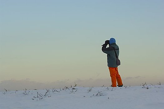 男人,双筒望远镜,雪原