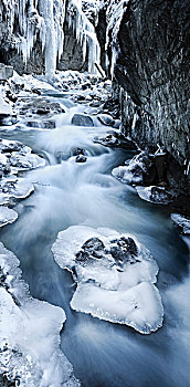 峡谷,水,冰,雪,急促,山,冲沟,蓝色,冬天,寒冷,冰柱,全景