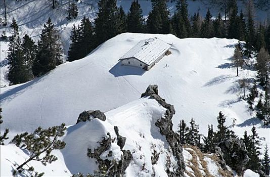 积雪,小屋,贝希特斯加登地区,巴伐利亚,德国