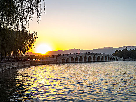 颐和园昆明湖十七孔桥日落时分长时间曝光