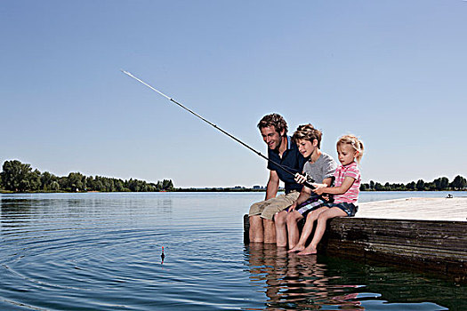 父亲,孩子,钓鱼,码头