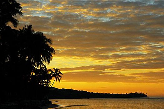 斐济,维提岛,珊瑚海岸,橙色天空,日出,剪影,棕榈树,海洋