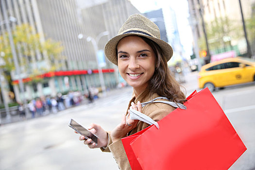 购物,女孩,红色,包,智能手机,曼哈顿