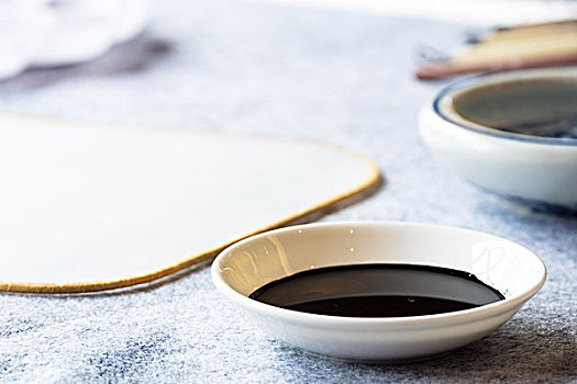 陶瓷,碗,黑色,墨水,桌上