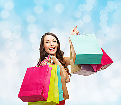销售,礼物,休假,人,概念,微笑,女人,彩色,购物袋,上方,蓝色,背景