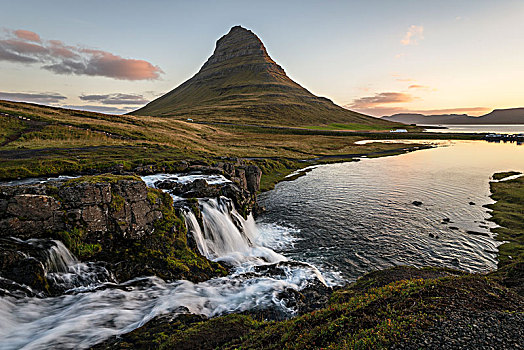 日出,山,瀑布,西部,冰岛,欧洲