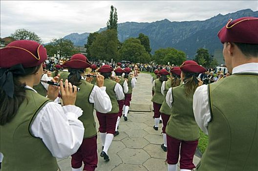 军乐队,笛手,节日,因特拉肯,少女峰,瑞士