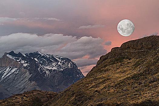 月亮,上升,上方,托雷德裴恩国家公园,巴塔哥尼亚,智利,南美