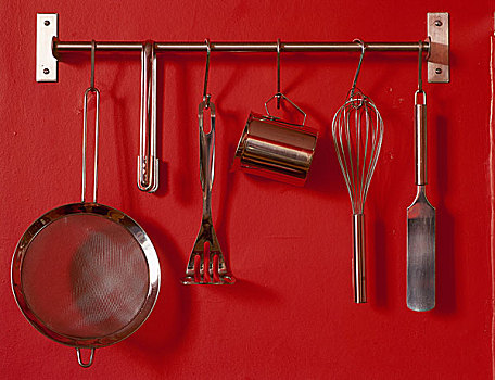 特写,红色,厨房,不锈钢,器具,悬挂,杆