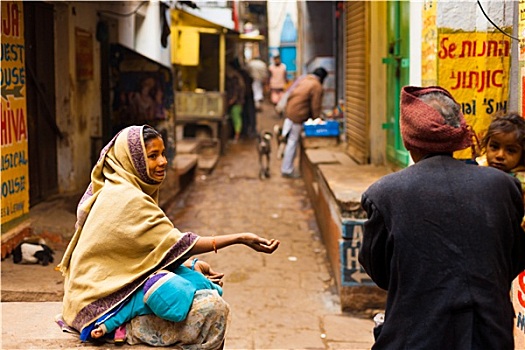 穷,女人,孩子,请求,街道,瓦拉纳西,印度