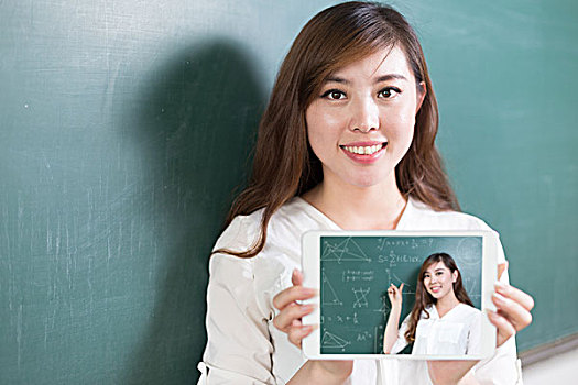美女,亚洲人,女孩,教师,站立,绿色,黑板,班级