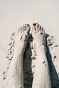 女人,脚,腿,遮盖,沙子