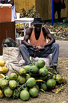 特立尼达,西班牙港,狂欢,街景,男人,销售,椰子