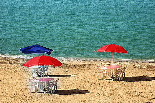 三个,桌子,伞,夏天,海滩