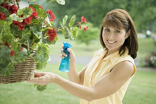 女人,浇水,植物