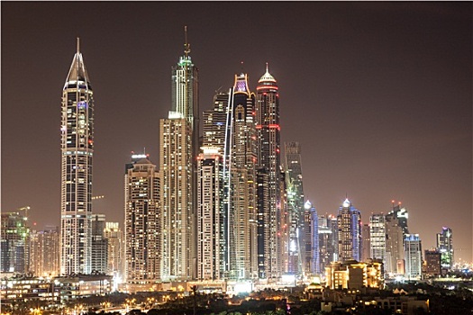 迪拜,码头,摩天大楼,夜晚,阿联酋