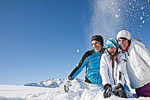 伴侣,女儿,滑雪,穿戴,投掷,雪,空中