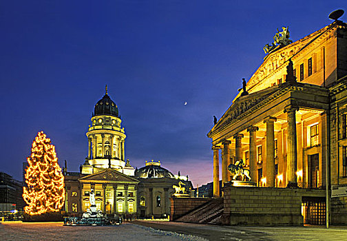 御林广场,圣诞节,树,月亮,剧院,大教堂,地区,德国,欧洲