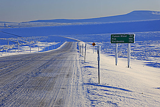 北美,美国,阿拉斯加,中心,公路,冬季风景,路标