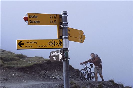 骑车,推,山地车,向上,陡峭,局部,旅游,勃朗峰