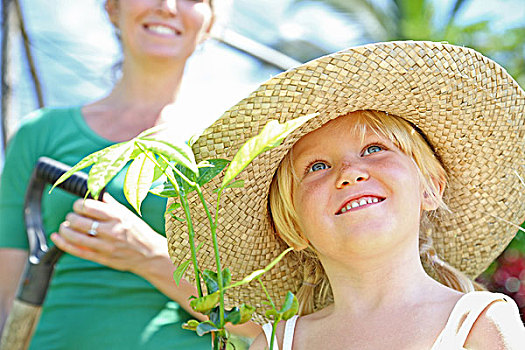 女孩,戴着,草帽,拿着,植物,女人,铲,背景