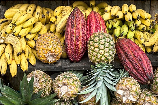 可可果,围绕,热带水果,台案,拉丁美洲,街边市场,厄瓜多尔
