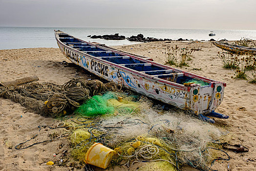 传统,渔船,网,海滩,区域,塞内加尔,非洲