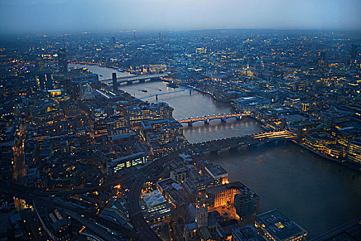 俯视,城市,泰晤士河,桥,黎明,伦敦,英格兰,英国