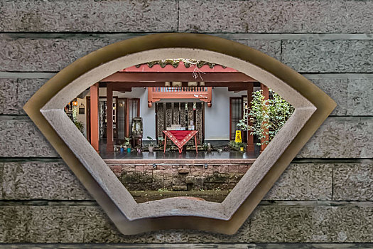 福建省武夷山武夷宫砖墙扇形花窗户牖古典园林建筑装饰物