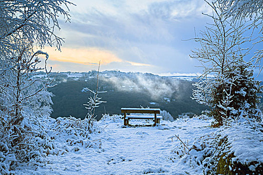 木制长椅,远眺,雪,山谷,风景