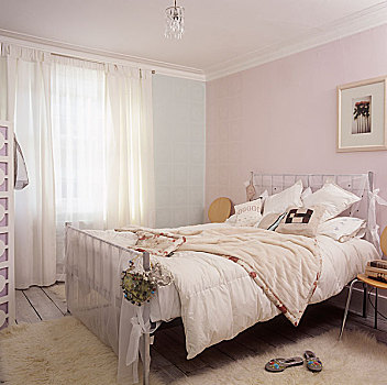 特写,淡色调,色彩,卧室,床,椅子,图片,墙壁