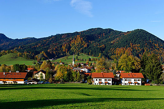 风景,城镇,山,秋天,上巴伐利亚,巴伐利亚,德国,欧洲