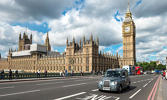灰色,出租车,威斯敏斯特桥,威斯敏斯特宫,大本钟,伦敦,英格兰,英国