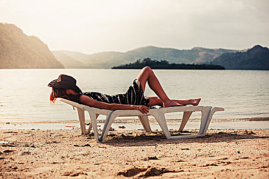 美女,放松,太阳椅,热带沙滩