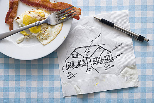 熏肉,蛋,叉子,餐巾,笔,素描,房子