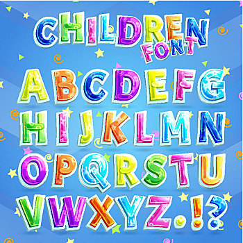 孩子,字体,插画,蓝色背景,矢量,彩色,大写字母,字母,儿童,疑问,叹号