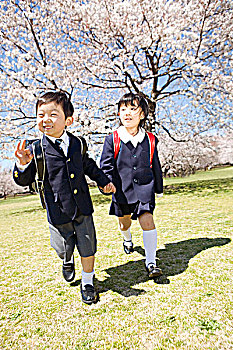日本人,学童,走,公园