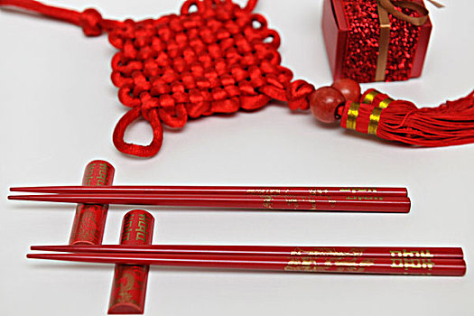 静物红色的中式筷子