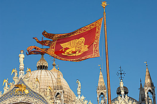 威尼斯,旗,飘扬,上方,大教堂,威尼托,意大利,欧洲