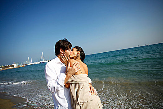 吻,情侣,海滩