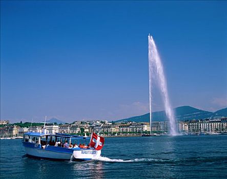 日内瓦湖,喷泉,游船,日内瓦,瑞士
