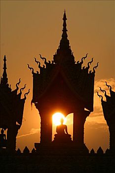 日落,后面,佛像,万象,老挝,亚洲