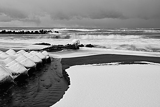 积雪,浪花,靠近,小湾,冬天