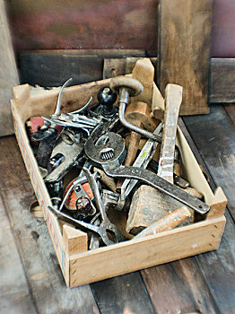 盒子,老,工具,乡村,木质背景