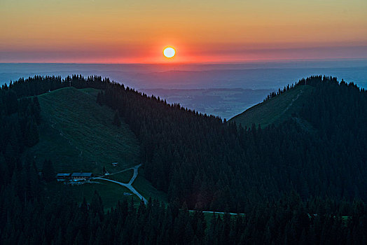 日落,阿尔卑斯山,上巴伐利亚,巴伐利亚,德国